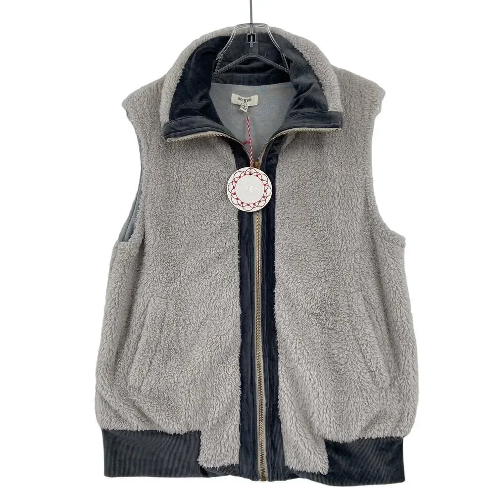 Umgee Teddy Vest Size S Gray Plush Fleece Fully Lined Ribbed Trim Gray Full Zip